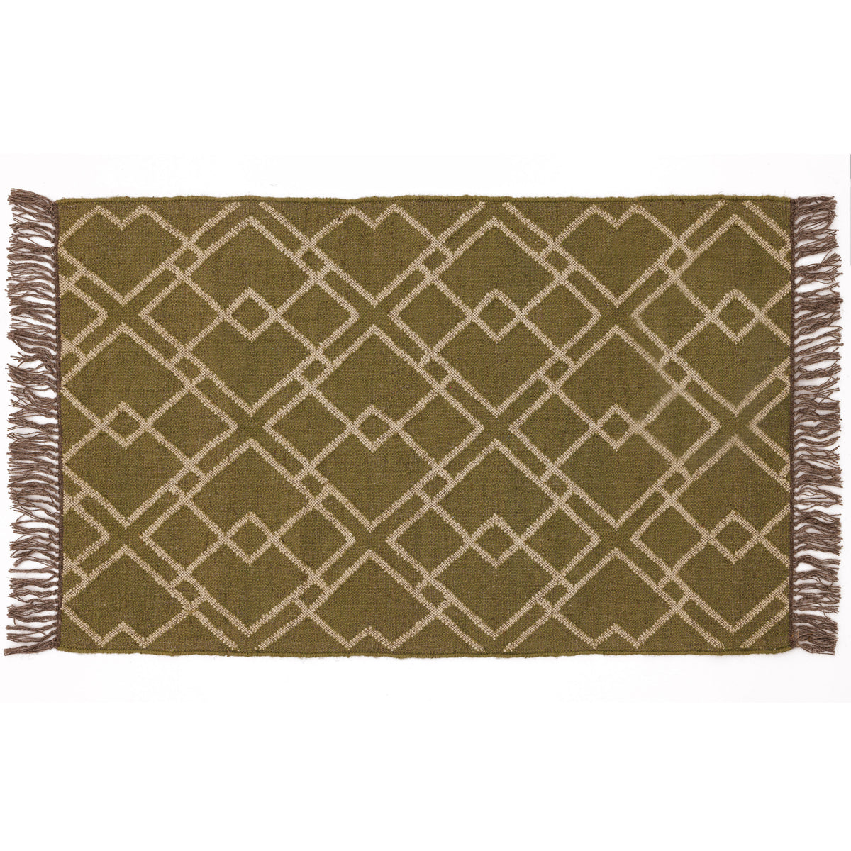 Covor - 100% Lână - Țesut manual - Grilă Geometrică Verde Măsliniu (1)