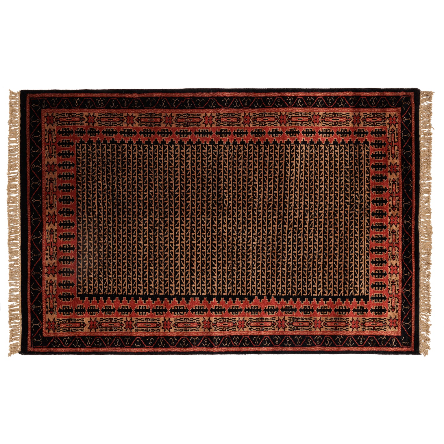 Covor Lână Merinos Înnoat Manual – Geometric Tribal Negru-Teracotă (1)