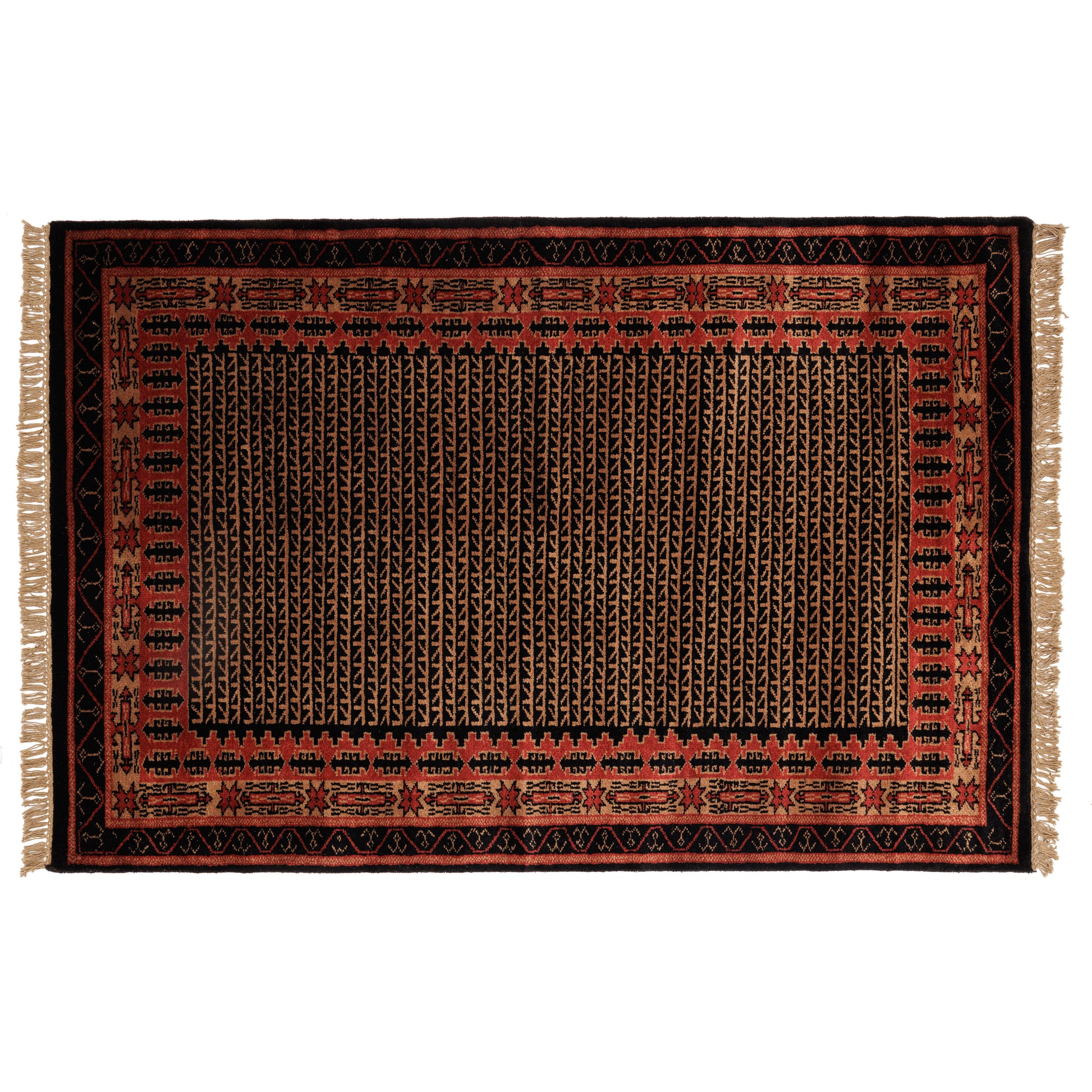 Covor Lână Merinos Înnoat Manual – Geometric Tribal Negru-Teracotă (1)