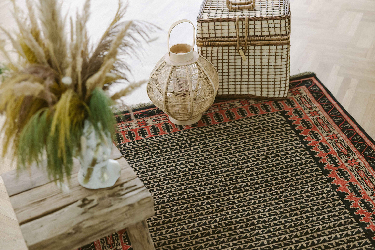 Covor Lână Merinos Înnoat Manual – Geometric Tribal Negru-Teracotă (2)