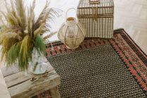 Covor Lână Merinos Înnoat Manual – Geometric Tribal Negru-Teracotă (2)