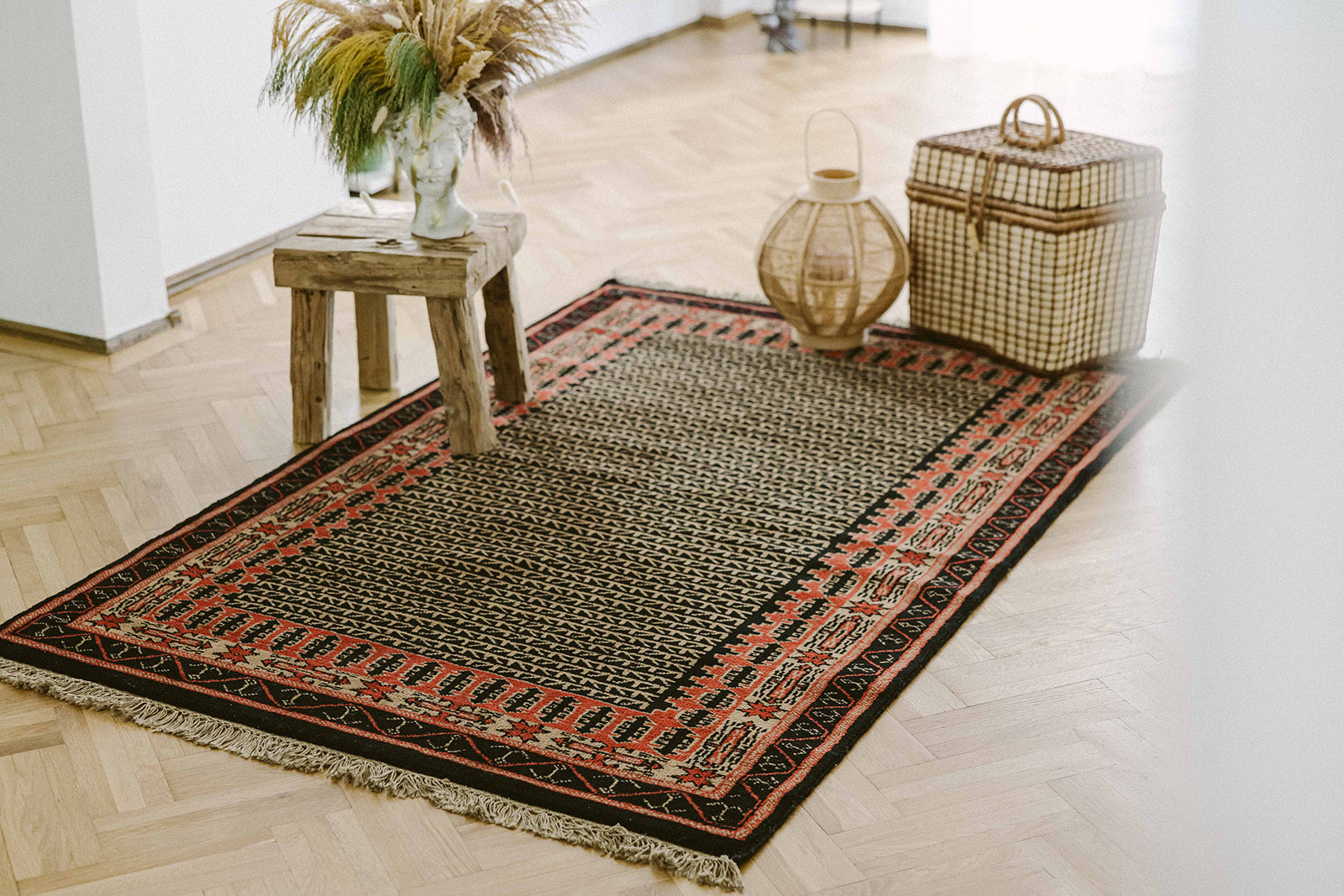 Covor Lână Merinos Înnoat Manual – Geometric Tribal Negru-Teracotă (4)