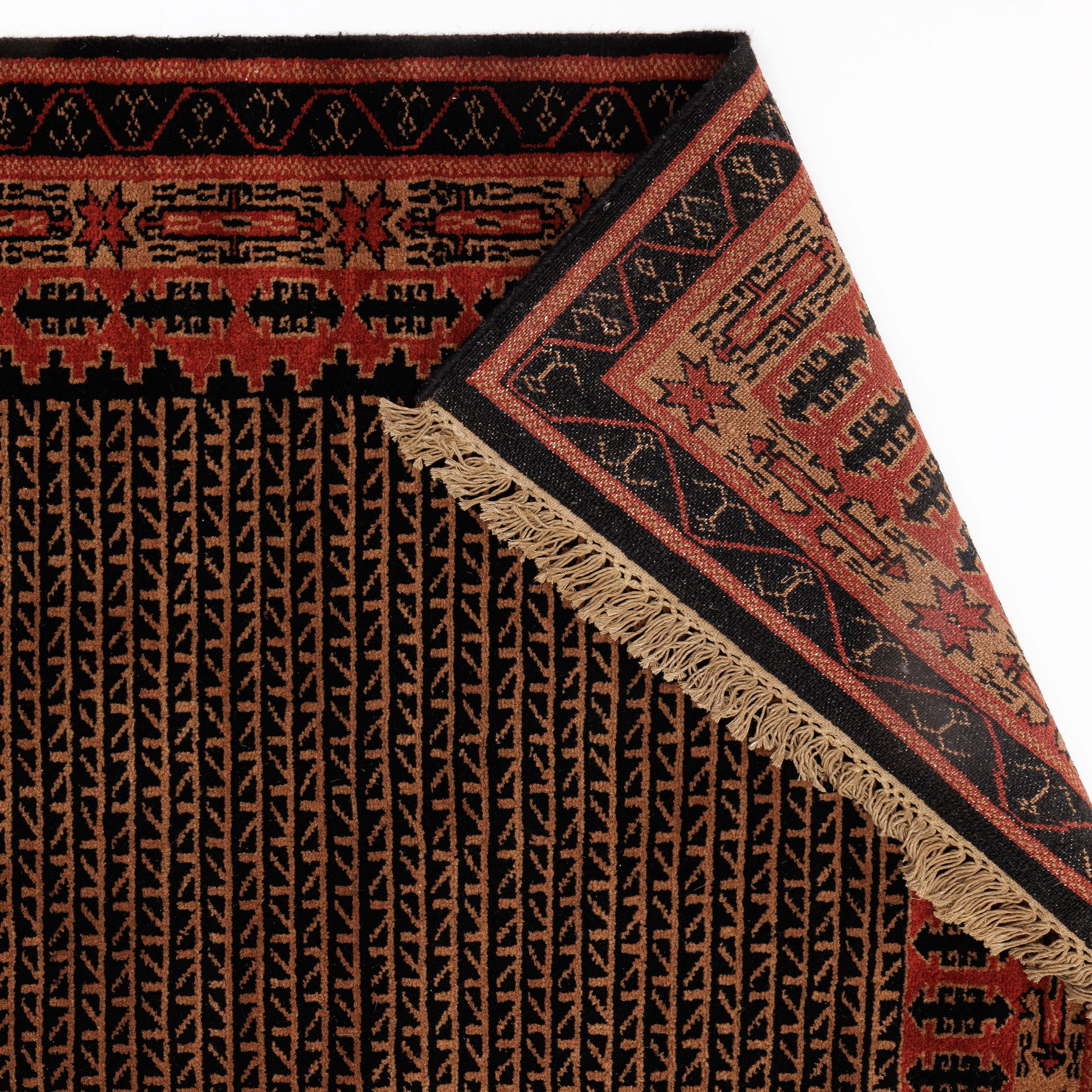 Covor Lână Merinos Înnoat Manual – Geometric Tribal Negru-Teracotă (7)