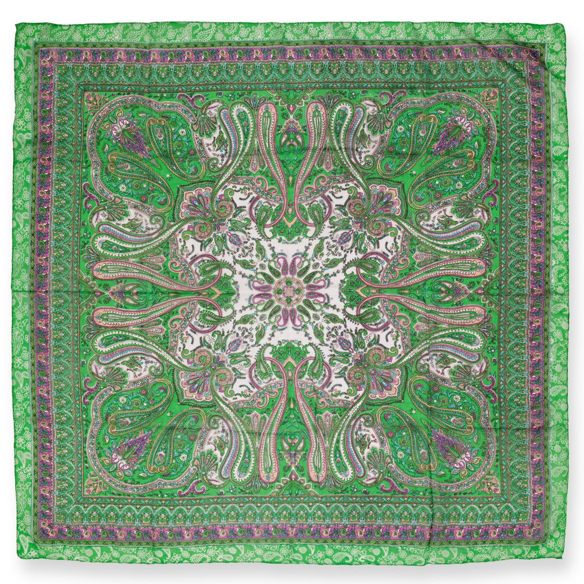 Eșarfă - 100% Mătase - 92x92cm- Imprimeu Paisley Verde (1)