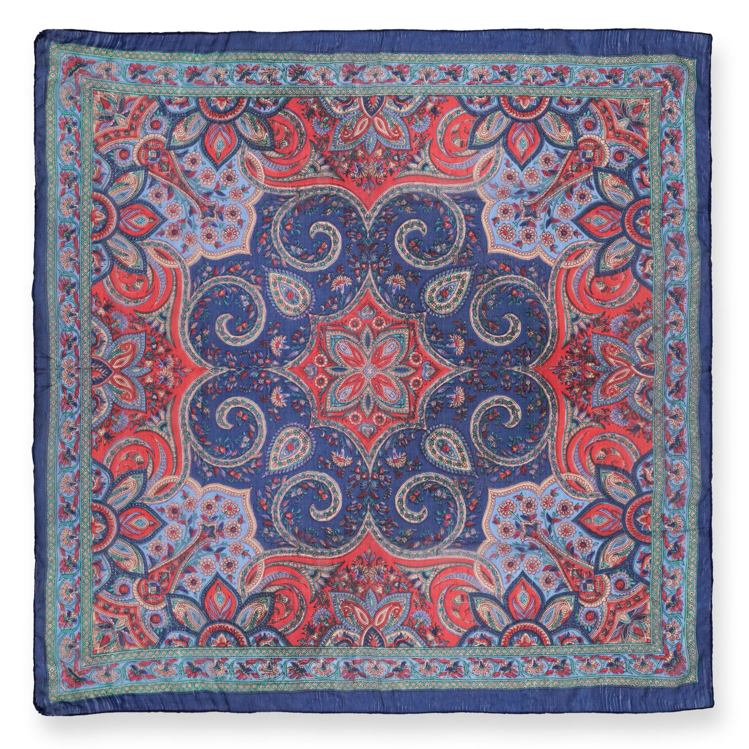 Eșarfă - 100% Mătase - 92x92cm- Imprimeu Paisley Albastru Indigo (1)