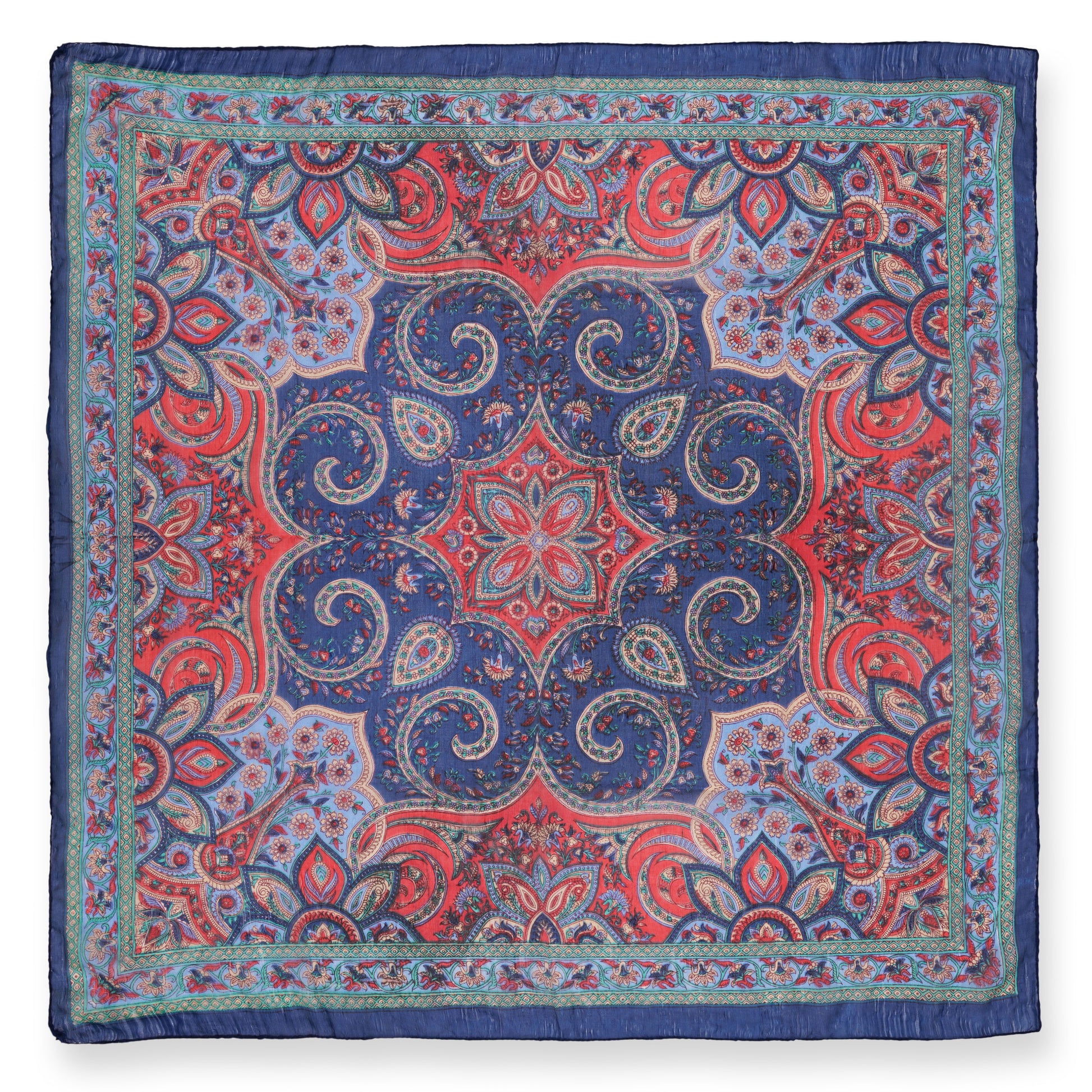 Eșarfă - 100% Mătase - 92x92cm- Imprimeu Paisley Albastru Indigo (1)