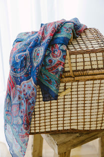 Eșarfă - 100% Mătase - 92x92cm- Imprimeu Paisley Albastru Indigo (2)
