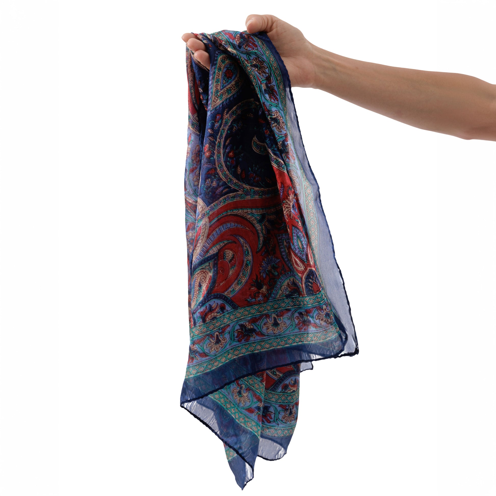 Eșarfă - 100% Mătase - 92x92cm- Imprimeu Paisley Albastru Indigo (3)