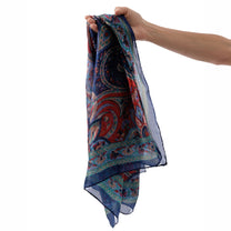 Eșarfă - 100% Mătase - 92x92cm- Imprimeu Paisley Albastru Indigo (3)