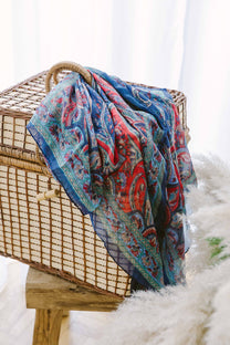 Eșarfă - 100% Mătase - 92x92cm- Imprimeu Paisley Albastru Indigo (4)