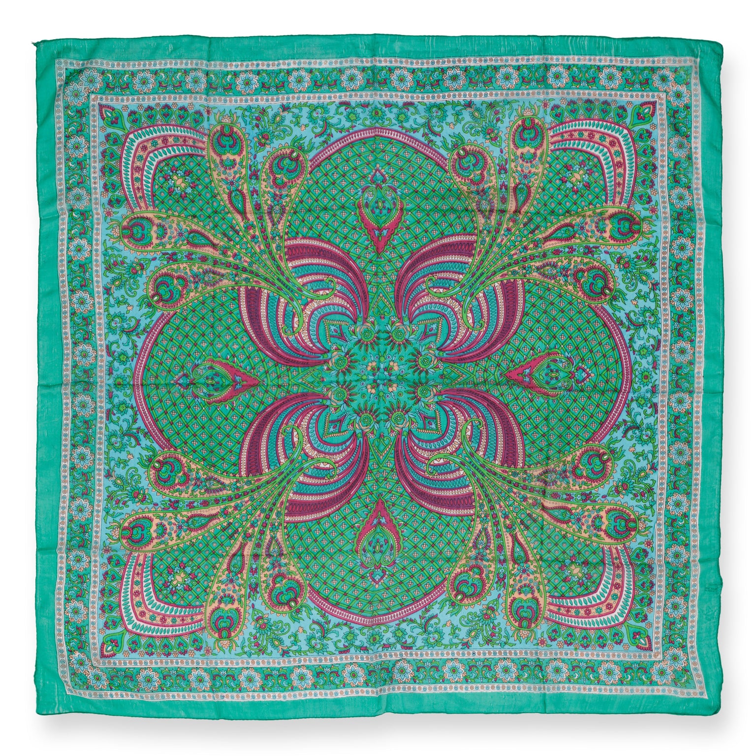 Eșarfă - 100% Mătase - 92x92cm- Imprimeu Paisley Mentă și Turcoaz (1)