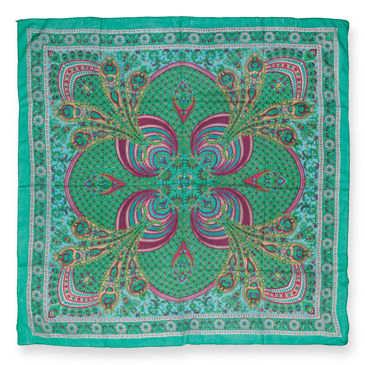 Eșarfă - 100% Mătase - 92x92cm- Imprimeu Paisley Mentă și Turcoaz (1)