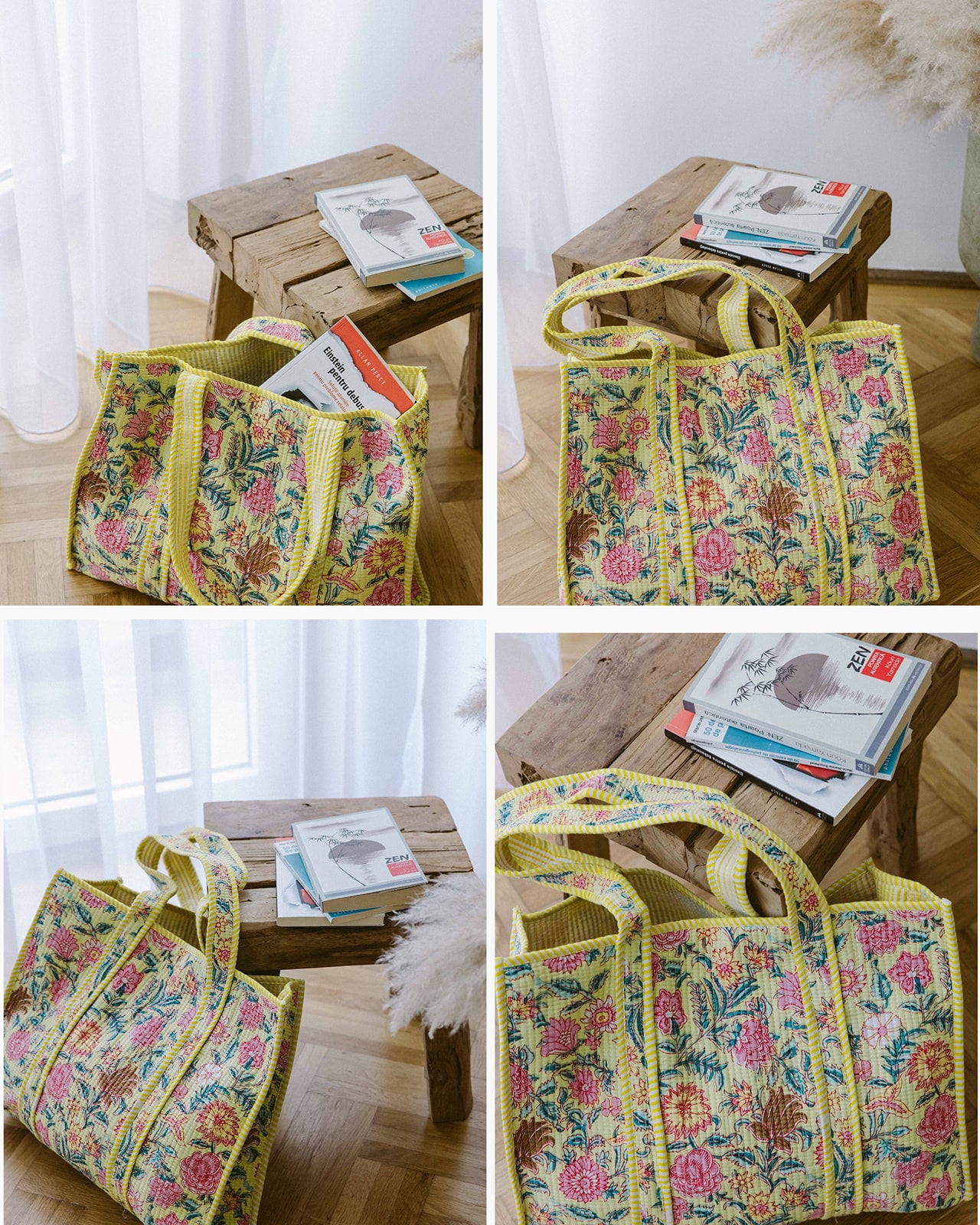 Geantă Tote - 100% Bumbac - Imprimeu Floral Galben (2)
