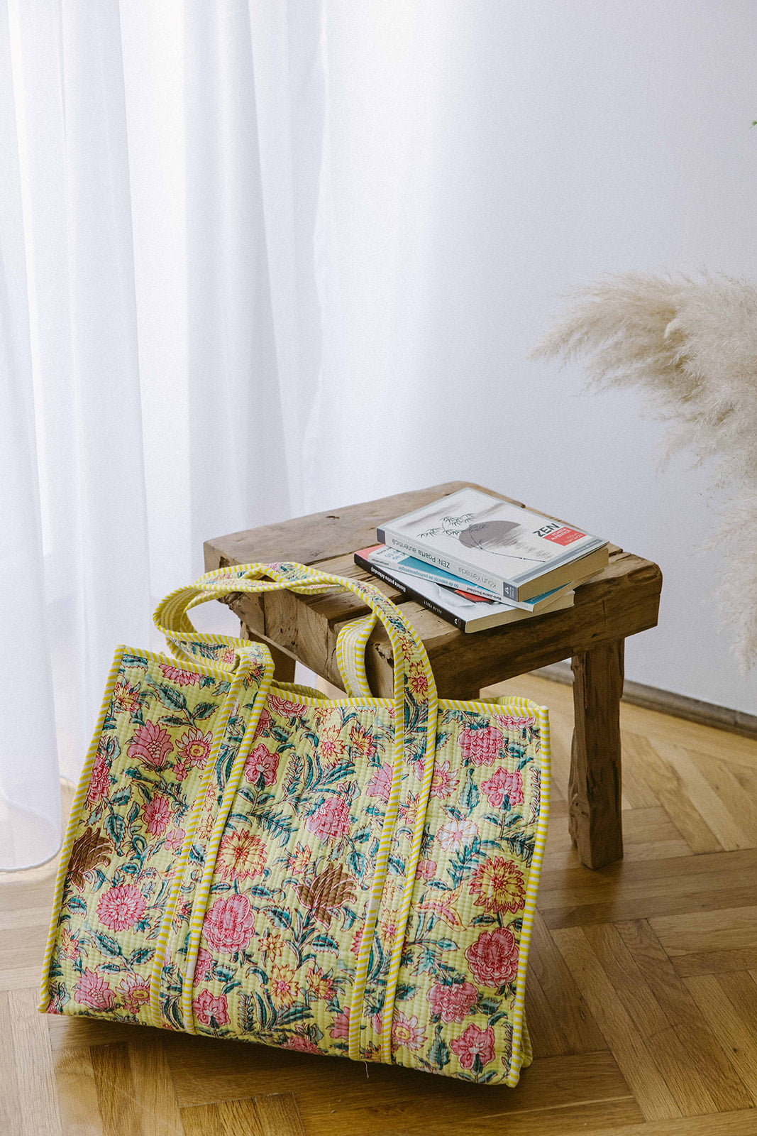 Geantă Tote - 100% Bumbac - Imprimeu Floral Galben (4)
