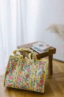 Geantă Tote - 100% Bumbac - Imprimeu Floral Galben (4)