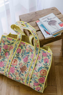 Geantă Tote - 100% Bumbac - Imprimeu Floral Galben (6)