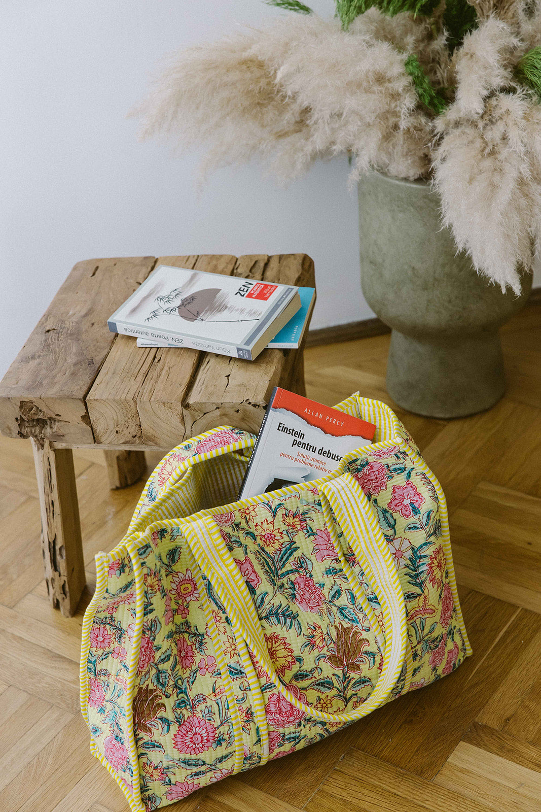 Geantă Tote - 100% Bumbac - Imprimeu Floral Galben (10)