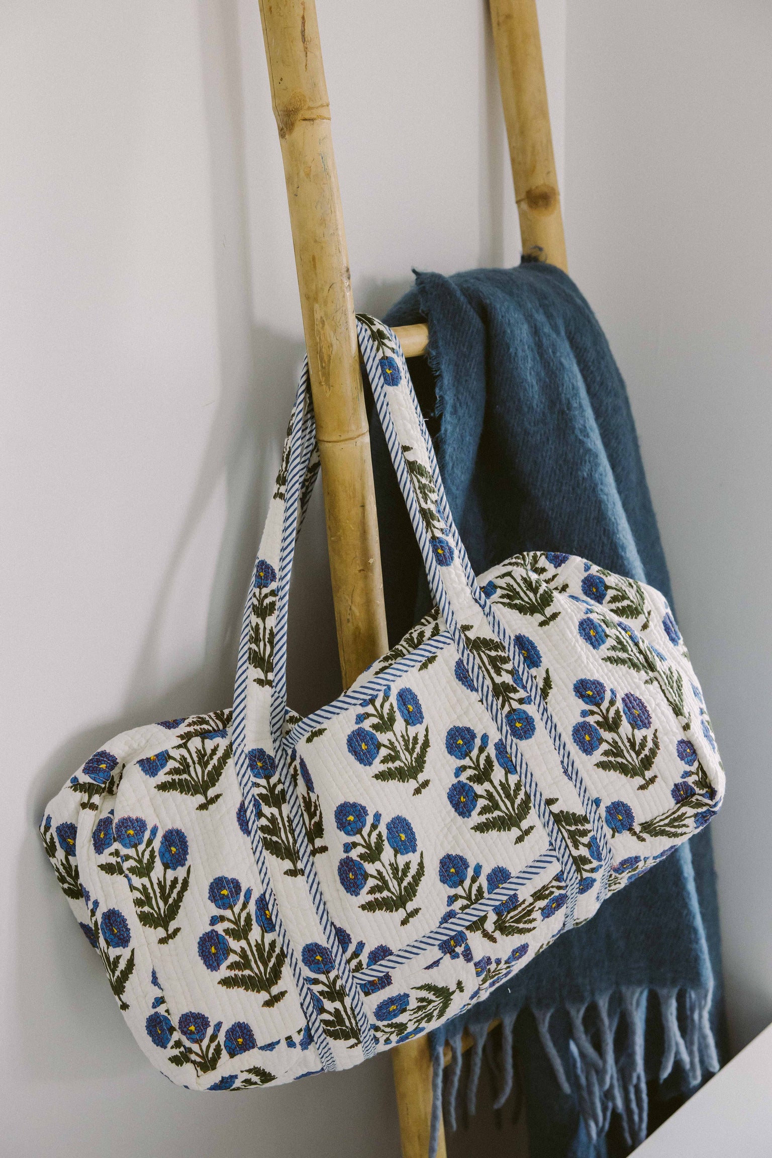 Geantă weekender - 100% Bumbac - Imprimeu Floral Albastru-Natur (2)