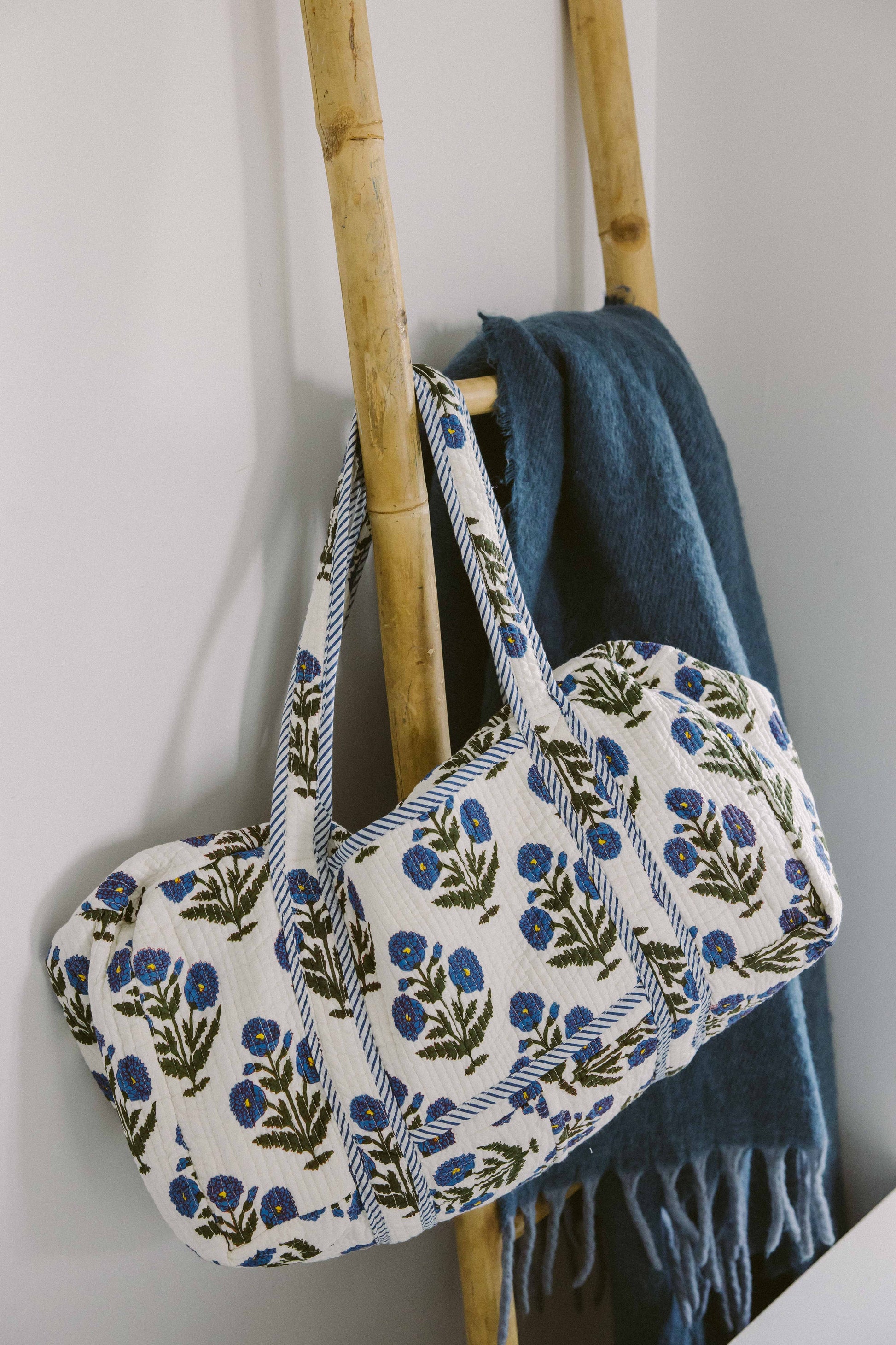Geantă weekender - 100% Bumbac - Imprimeu Floral Albastru-Natur (2)