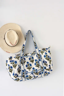 Geantă weekender - 100% Bumbac - Imprimeu Floral Albastru-Natur (4)