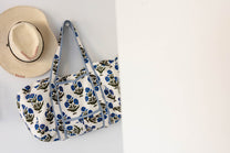 Geantă weekender - 100% Bumbac - Imprimeu Floral Albastru-Natur (6)
